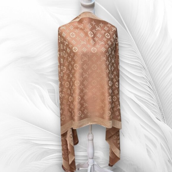 Women’s Beige Satin Shawl Scarf With Fringe Edges Size: 75 x 27 inches - Picture 3 of 6